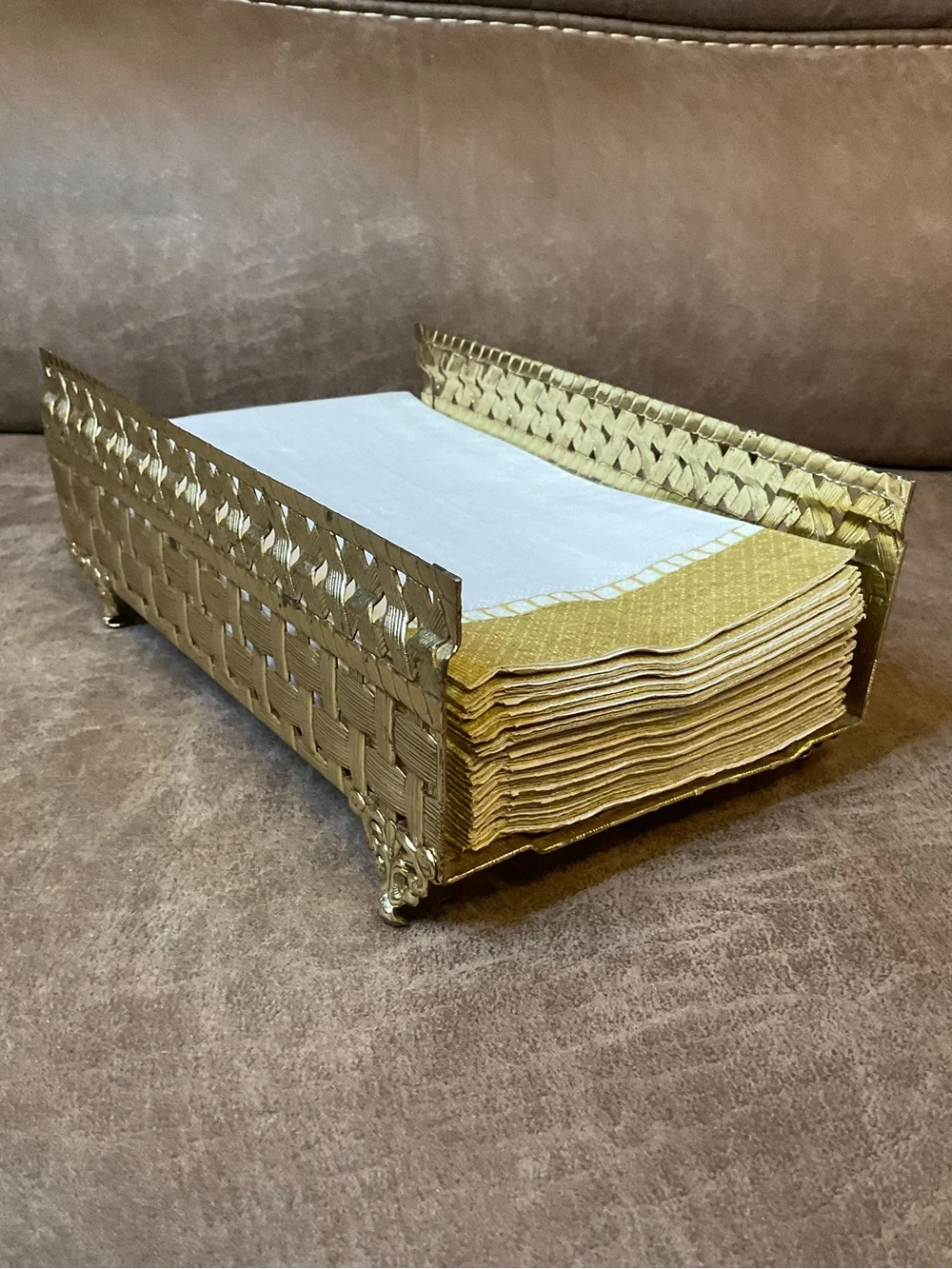 Vintage Stylebuilt Brass Basketweave Tissue/Napkin Holder